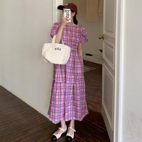 Round Neck Plaid Puff Sleeve Summer Midi Dress Casual Loose Vestido Midi Sukienki Damskie Korean Dress Vestidos De Mujer