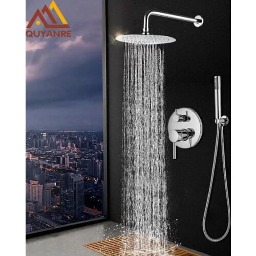 Quyanre Chrome Round Style Shower Faucet Set Concealed Rainfall Shower System Bathtub Shower Hot Cold Water Mixer Faucet Tap