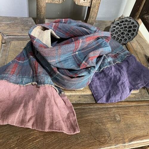 FairyNatural Spring Winter 2021 New Vintage Patchwork Women Warm Plaid Scarfs Cotton Linen Ladies Long Fashion Scarf