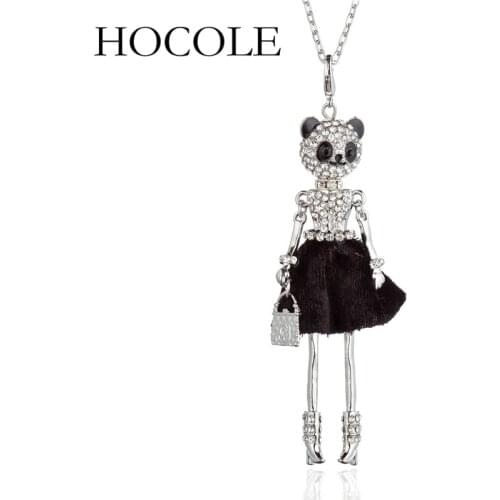 HOCOLE Lovely Full Rhinestone Panda Doll Pendant Necklace for Women Fashion Crystal Accessories Sweater Chain Necklaces Jewelry