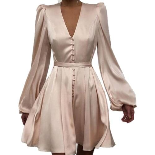 Autumn Womens Dresses Fashion V Neck Single Breasted Button Zipper Waist Lantern Long Sleeves Ladies Temperament Short Dresses