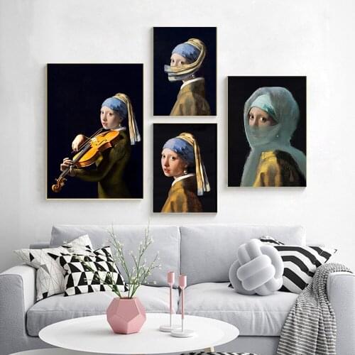 Girl poster classical blue veil shy girl canvas painting retro abstract wall art print picture bedroom decoration