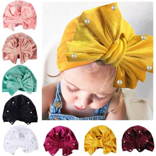 2019 New Velvet Baby Hat for Girls Big Bow Winter Pearls Turban Hat Photography Props Elastic Kids Beanie Cap Accessories