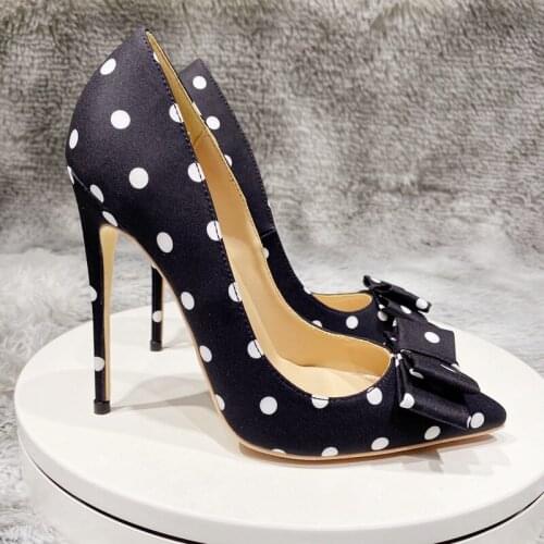 2021 Autumn Pumps Heels Silk Satin White Black Polka Dot Pointed Toe High Heels 12cm Female Stiletto Womens Shoes Office Lady