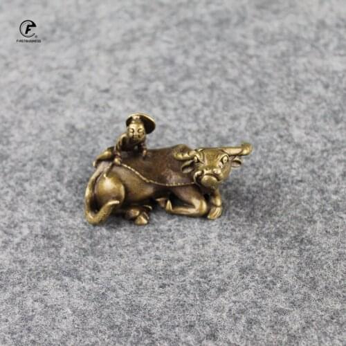 Solid Brass Shepherd Boy Cow Small Ornament Copper Handmade Antique Animal Statue Miniature Figurine Office Desk Home Decoration