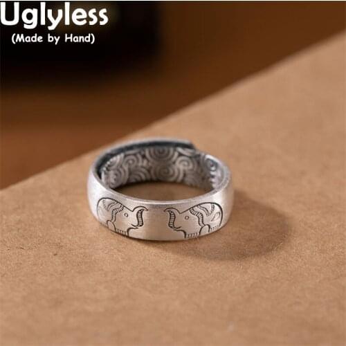 Uglyless Simple Lotus Wide Rings for Women Solid 999 Pure Silver Elephants Jewelry Buddhism 6 Words Mantra Rings Unisex Bijoux