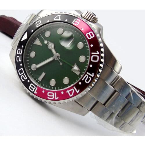 40MM Green Sterile Dial Sapphire Glass Red Black Bezel GMT Date Glass Case Back Automatic Mens Wristwatch