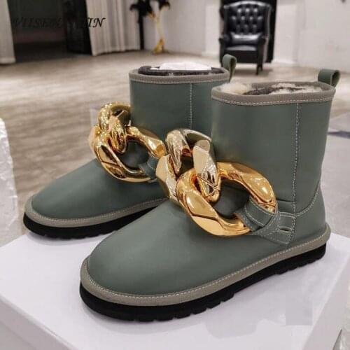 Metal Chain Decor Chelsea Boots Women British Thick Sole Cow Leather Ankle Boot Warm Wool Fur Inside Winter Bootie Colorful