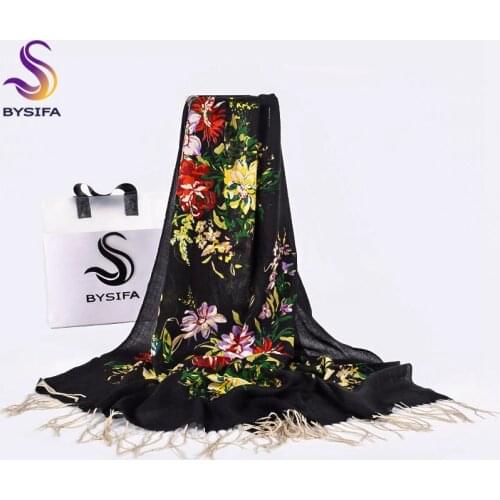 [BYSIFA] Women Black Pure Wool Scarves Wraps New Floral Style Winter Ladies Long Scarves Pashmina Brand Tassel Neck Scarf Shawl