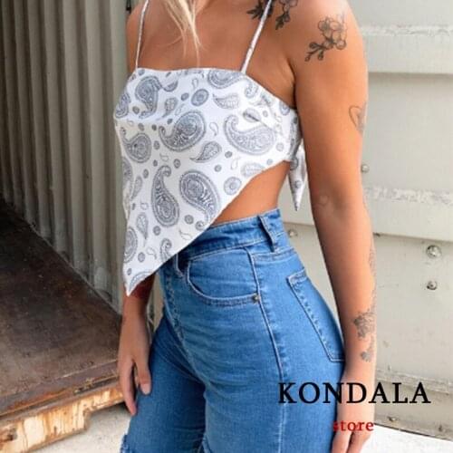 KONDALA Za Streetwear Tanks Cami Women Geometric Print Vintage Bow Tie Cropped Tops Mujer Stylish Summer 2021 Chic Tops Mujer