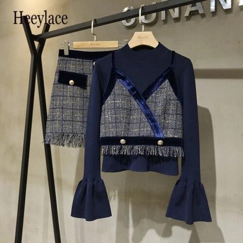 New Plaid Tweed 3 Piece Set Women Woolen V-Neck Tank Top + Tassel Buttons Skirt + Flare Sleeve Sweater Top Sexy Club Outfits