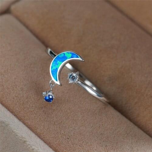 Cute Female Blue Fire Opal Ring silver color Engagement Ring Boho Small Moon Star Rings For Women