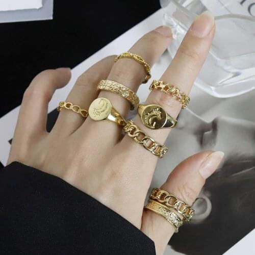 Fashion Hollow Moon Star Combination Ring Female Personality Cold Wind Suit with Metal Punk Ring Cool Jewelry