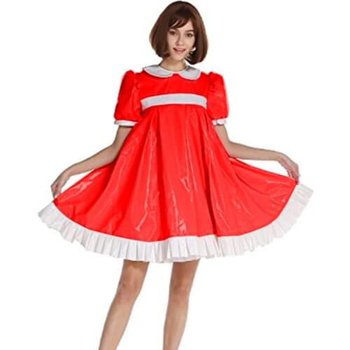 Womens PVC Lolita Dress Cute Doll Collar Wet Look Leather Mini Dress Summer Maiden Cosplay Costume Maid Fancy Oversize Dresses