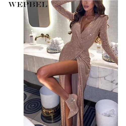WEPBEL Women Sexy Sequins Evening Party Dress Ladies Elegant Long Sleeve V Neck Corset Slit Long Prom Gown Dress