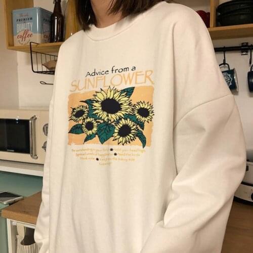 Winter women sweatshirt sunflower letter print loose casual Korean Ulzzang big size sweatshirt Vintage chic O-neck women clothes