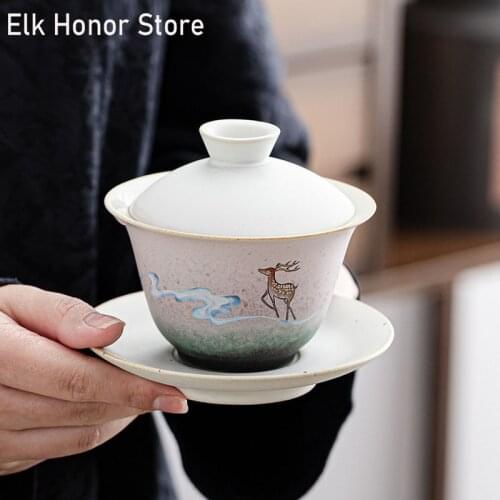 160ml Japanese Style Coarse GaiWan Crane Auspicious Clouds Handmade Glaze Porcelain Bowl Cup Saucer Tea Lid Set Pu'er Teaware