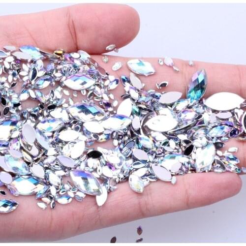 7G 600PCS 7 Sizes Acrylic Rhinestones Eye Shape Crystal AB Flat Back Nail Rhinestone 3D Non HotFix Nail Art Decoration DIY Tool