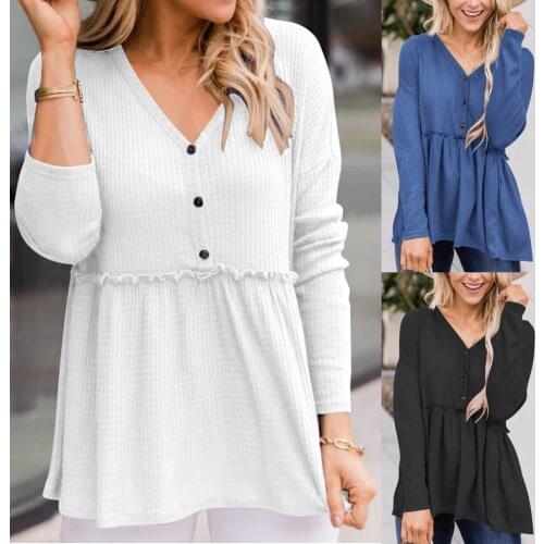 Fashion Blouses 2021 New Women Shirts Blouse V-neck Loose Solid Long-sleeve Shirt Stitching Buttons Tops Blouse Рубашка Женская