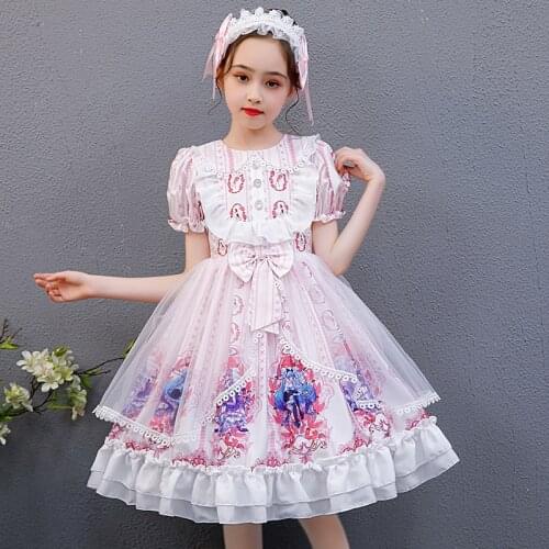 Lolita Dress Kids Girls Summer Kawaii Sweet Cute Princess Dress Vintage Printed Patterns Pink Skirt And Headband lolita Suit