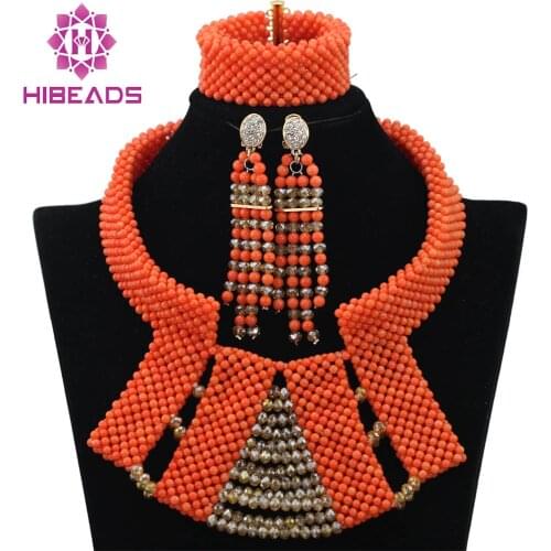 Elegant African Wedding Coral Beads Jewelry Set 2020 Latest Brides Coral Gold Chunky Bib Necklace Set Free Shipping CNR358