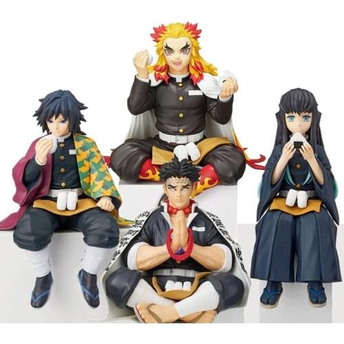 Demon Slayer Figure Anime Kamado Tanjirou Agatsuma Zenitsu Hashibira Inosuke Eat Rice Balls PVC Action Figurine Kimetsu No Yaiba