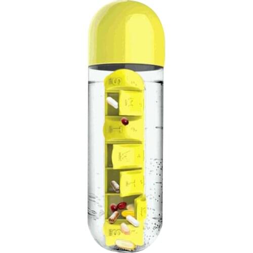 Pill Box Cum Water Bottle 600ml Free Travel 7 Day Pill Cup 2-in-1 Water Bottle with Pill Organizer Travel Use Pill Cases TK