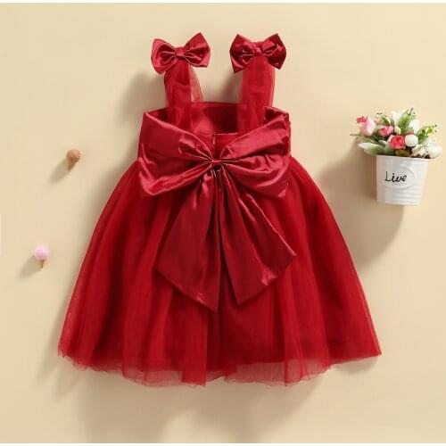 Summer Princess Baby Girls Dress Strap Sleeveless Big Bowknot Solid Lace Tutu Sundress 0-5Y