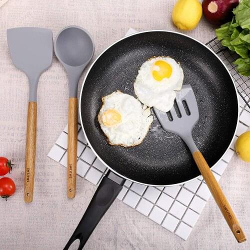 Best Silicone Cooking Utensil Set Wooden Handle Spatula Soup Spoon Brush Ladle Pasta Colander Non-stick Cookware Kitchen Tools