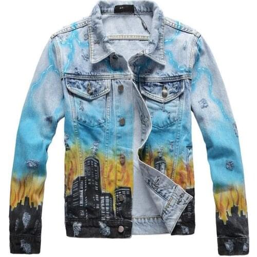 Fashion Style Dragon Graffiti Jeans Jacket Hip Hop Ripped Jacket High Quality Trendy Gradient Urban Printed Denim Jacket Men