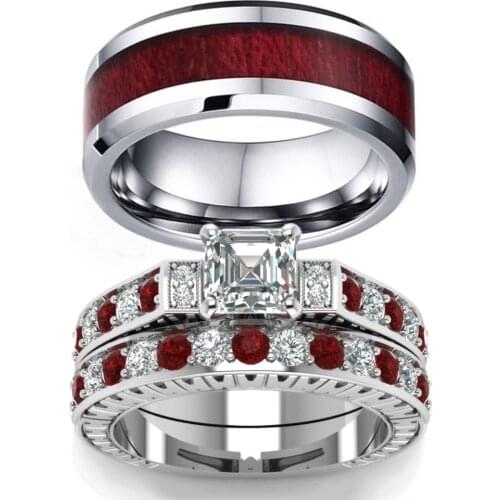 Fashion Couple Rings Vintage Red inlay Wood Men Ring Romantic Crystal Rhinestones Ring Set Engagement Wedding Band Gift
