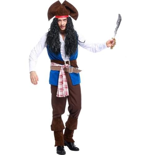 Men Caribbean Pirate Captain Jack Cosplay Top Vest Pants Belt Hat Foot Strap 7Pcs Set Carnival Cos Halloween Cosplay Costumes