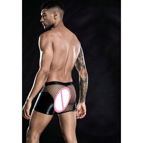 2020 Sexy Night Club PU Net Boxer Pants Back See Through Bulge Pouch Thongs Gay Black Underwear Men Leather Sheath Short Panties