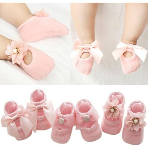 Newborn Baby Socks Lace Flower Cotton Anti-Slip Kids Floor Socks Bow toddler Girl Sock Spring Girls Gift sokken