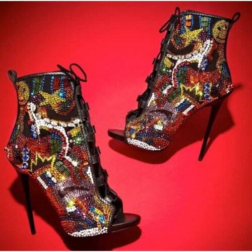 Sexy Lace-up Booties Colorful Crystal Covered Open Toe High Heel Sandal Boots Celebrity Rhinestones High Heel Ankle Boots