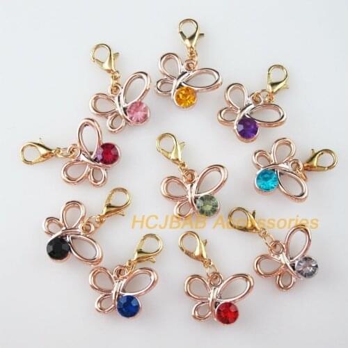 10New Butterfly Charms With Lobster Claw Clasps KC Gold Plated Retro Mixed Crystal 14x19mm