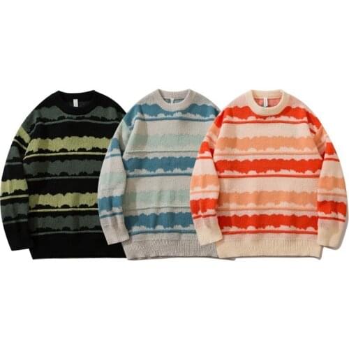 Harajuku Retro Pullover Striped Sweater Mens Fall/Winter 2021 New Streetwear Pullover Mens Knitwear Sweater Long Sleeve
