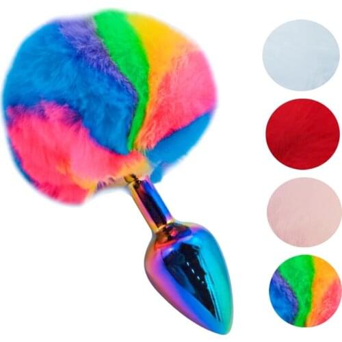 Rainbow metal small size Cute Pink red white colorful rabbit tail ball anal bead butt plug fox unisex toy for men and women
