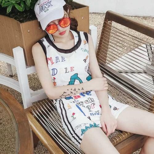2021 Sports Style Split Bikini Three-Piece Set Small Chest Gathered High Waist Conservative Personalized Graffiti Print Swimsuit