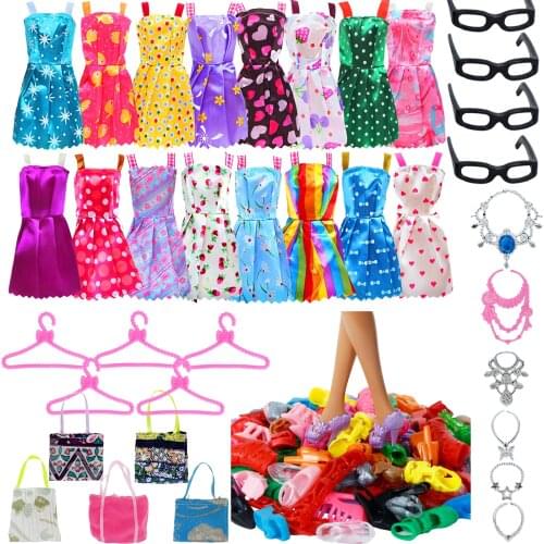 Random 40 Item/Set Accessories = 10 Pcs Shoes + 6 Necklace 4 Glasses 5 Hangers 5 Handbags + 10 Pcs Dress Clothes for Barbie Doll