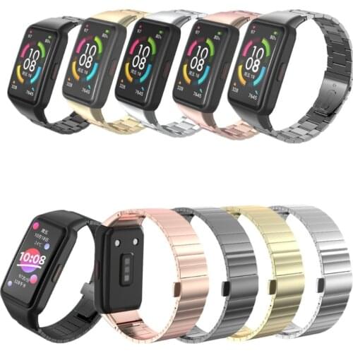 Replacement Strap For Huawei Honor Band 6 Smart Watch Double Snap Buckle Three Beads Solid Fashion Stainless Steel Strap