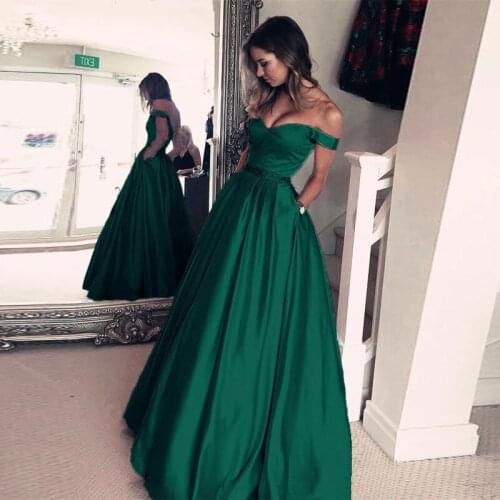 Dark Green Satin V-neck Long Prom Dresses Off Shoulder Evening Gowns Beaded Sashes Floor Length A Line Evening Dress