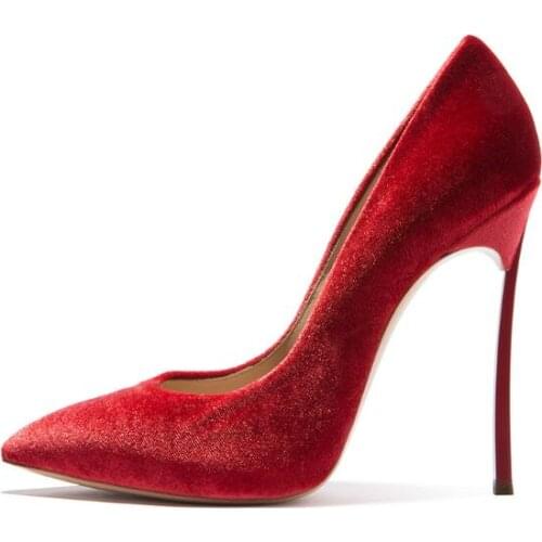 Sexy High Heels Platform Pumps Shoes Women Pointed Stiletto 12cm Red Carpet Shoes Metal Heels Velvet Shoes Wedding Women