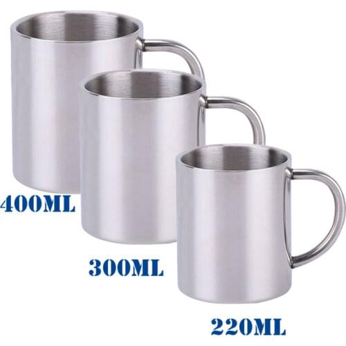 Comfortable Handle Silver Cups Double Wall Stainless Steel Portable Coffee Mugs Tumbler Tea Cup for Travel 220ml 300ml 400ml