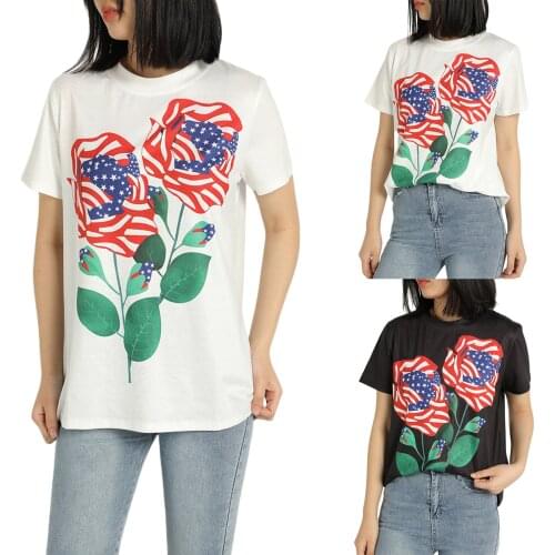 Women Summer Loose T-Shirt, Casual American Flag Rose Print Short Sleeve Round Neck Tops