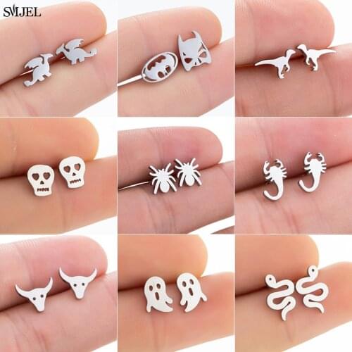 Cartoon Stainless Steel Dragonfly Stud Earrings for Women Black Hip hop Spider Snake Ghost Skull Shape Earring Halloween Gifts