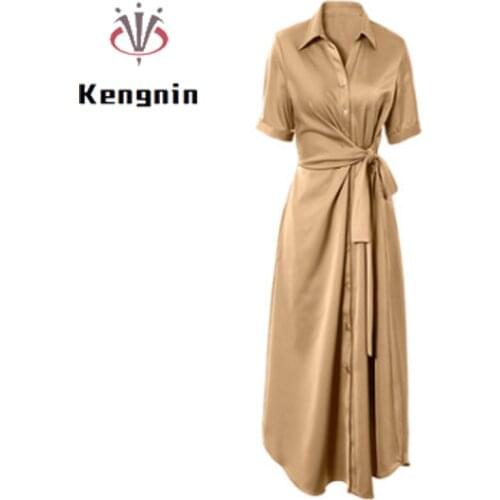 2021 Summer Satin Chiffon Women Dresses Elegant Sashes Bow Female Shirt Dress Button Designer Dress Office Lady Work Robe KE1640