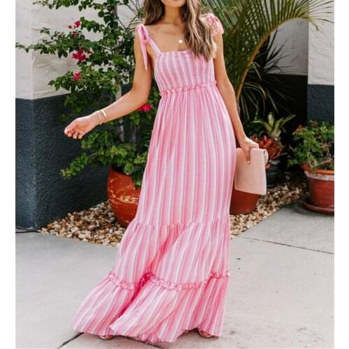 2021 Bohemian Style Women Sleeveless Long Maxi Dress Ladies Summer Sexy Tie-up Striped Casual Loose Dress For Holiday