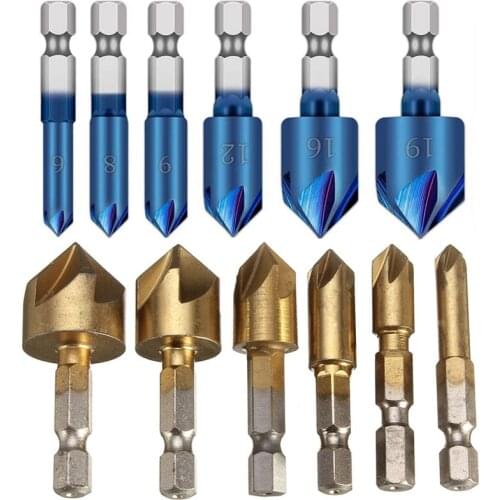 6 Units 90 Degree HSS Chamfering Countersink Bits dengan 1/4 ''Hex Shank Woodworking Tools Center Punch Countersink Drill