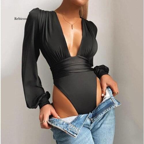 Black Deep V Neck Bodysuit Women Sexy Puff Sleeve Bodycon Jumpsuit Solid Elastic Casual Party Winter Bodysuits Body Tops